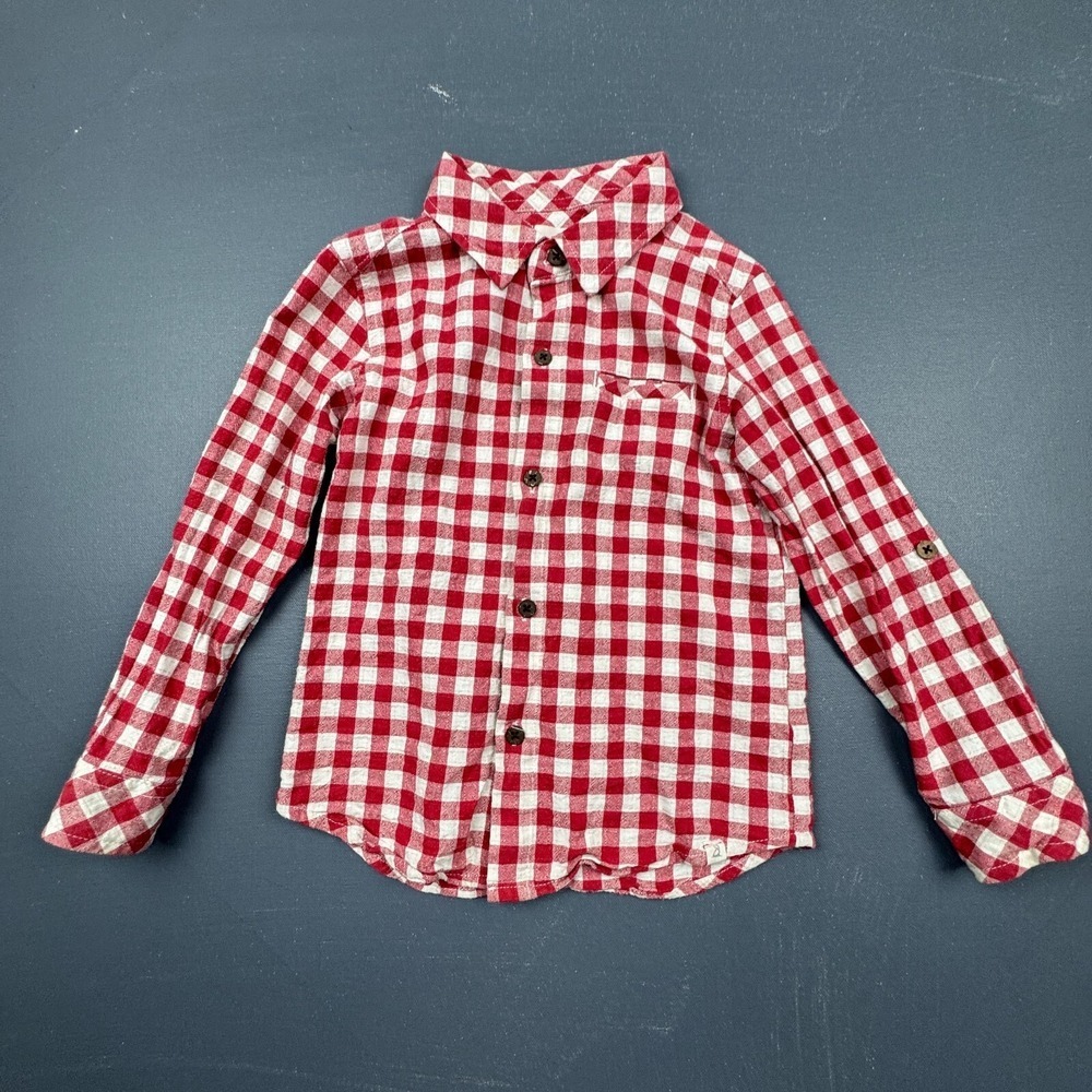 Me & Henry Boys 6/7 Red & White Plaid Button Up Long Sleeve Casual Classic Shirt